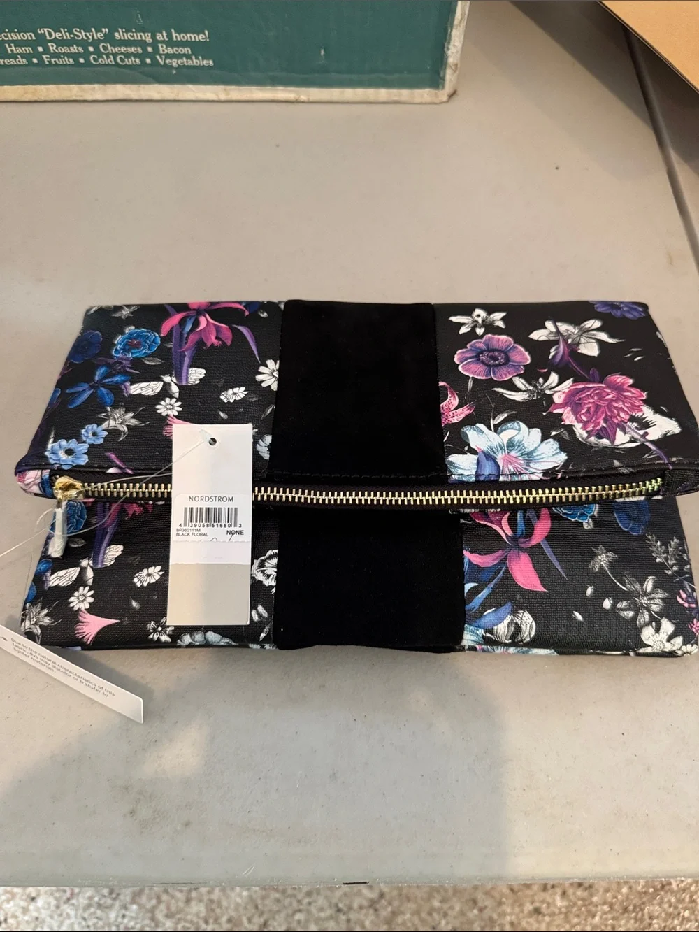Nordstrom Black Floral Foldover Clutch with Gold Zipper